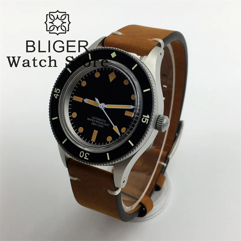 BLIGER 40mm Vintage 50 FATHOMS Automatic Diver Watch For Men NH35 PT5000 Movt Dome Sapphire Glass Sandblast Case Leather Strap