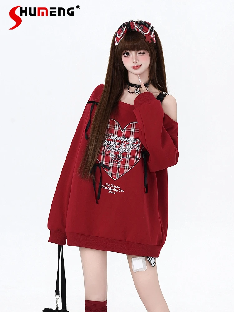 Japanese Sweet Cool Subculture Y2K Girl Off Shoulder Leather Buckle Love Plaid Bow Loose Casual Pullover Sweater Women Autumn