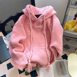 Korean Style Pink Knitted Hoodies Women Spring Autumn Long Sleeves Hooded Sweater Coats Fashion Sweet All-matched Hoodies