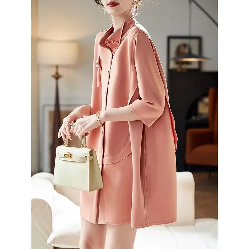 

2024 summer new seven quarter sleeve nail bead mid length shirt skirt summer dress women sexy dress