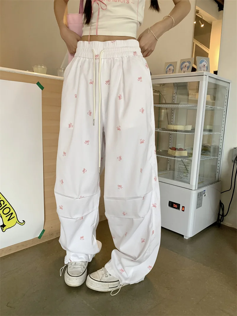 

Summer Thin Drawstring Sweatpant Low Elastic Waistband Jogger Cargo Pant White Bow Print Trouser y2k fairycore 2000s grunge 2024