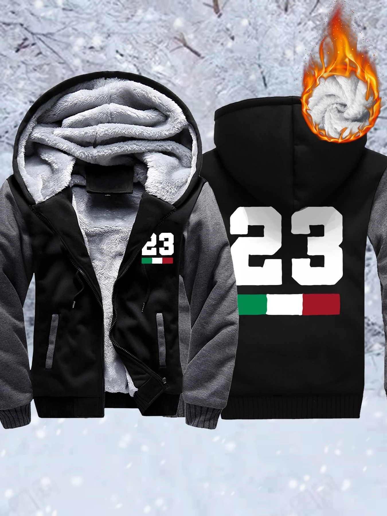

Creative Italy Letter 23 Prints Men Thicken Coats Winter Pocket Jacket Hip Hop Oversized Hoodies Fleece Zipper Male Sportswear