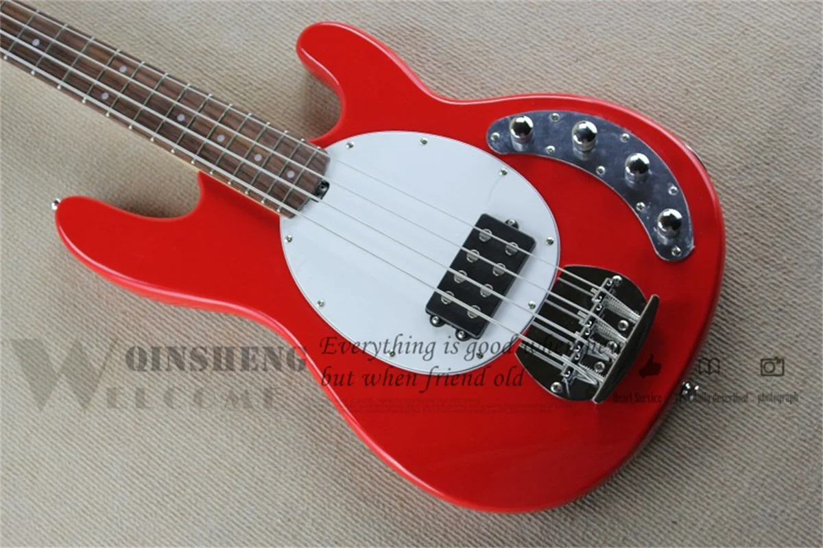 Red bass 4 Strings Bass Guitar Maple Neck Rosewood Finerboard Active Battery Ray Bass white guard strings though body