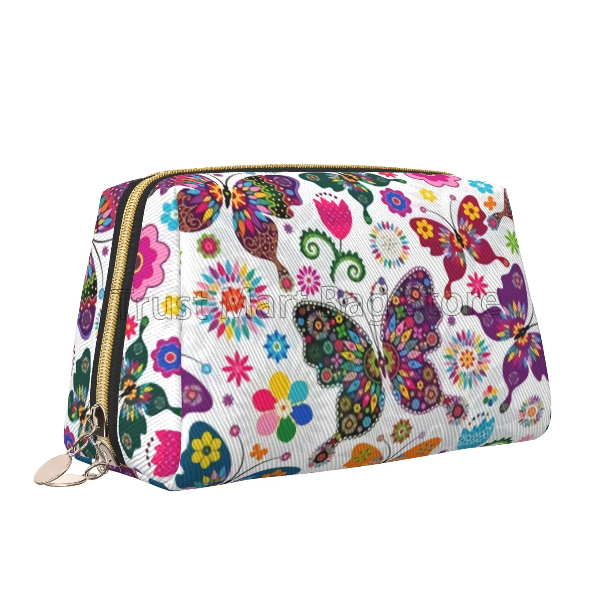 

White Floral with Colorful Butterflies Print Leather Makeup Bag Large Capacity Travel Storage Pouch Cosmetic Bag for Women