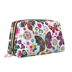 White Floral with Colorful Butterflies Print Leather Makeup Bag Large Capacity Travel Storage Pouch Cosmetic Bag for Women