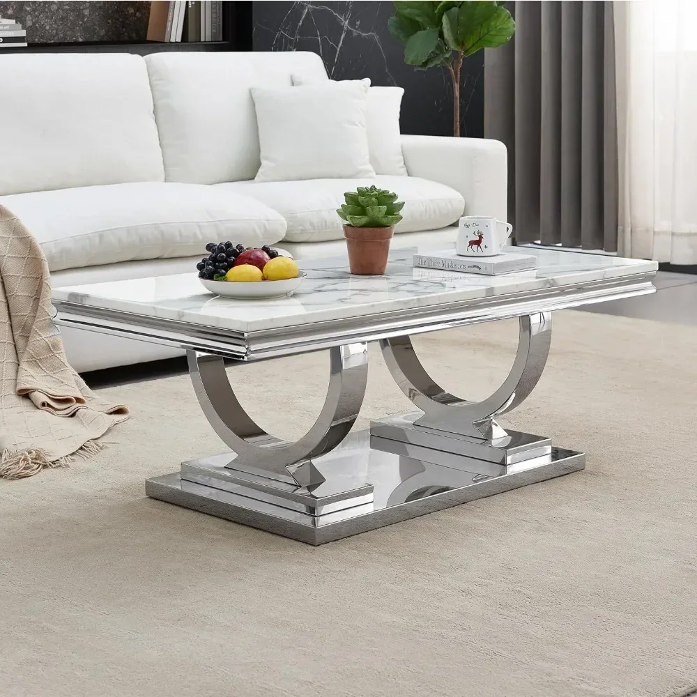 

Coffee Tables Modern White Faux Marble Center Table with Silver U-Shaped Pedestal Base Luxury Accent Sofa Cocktail Table