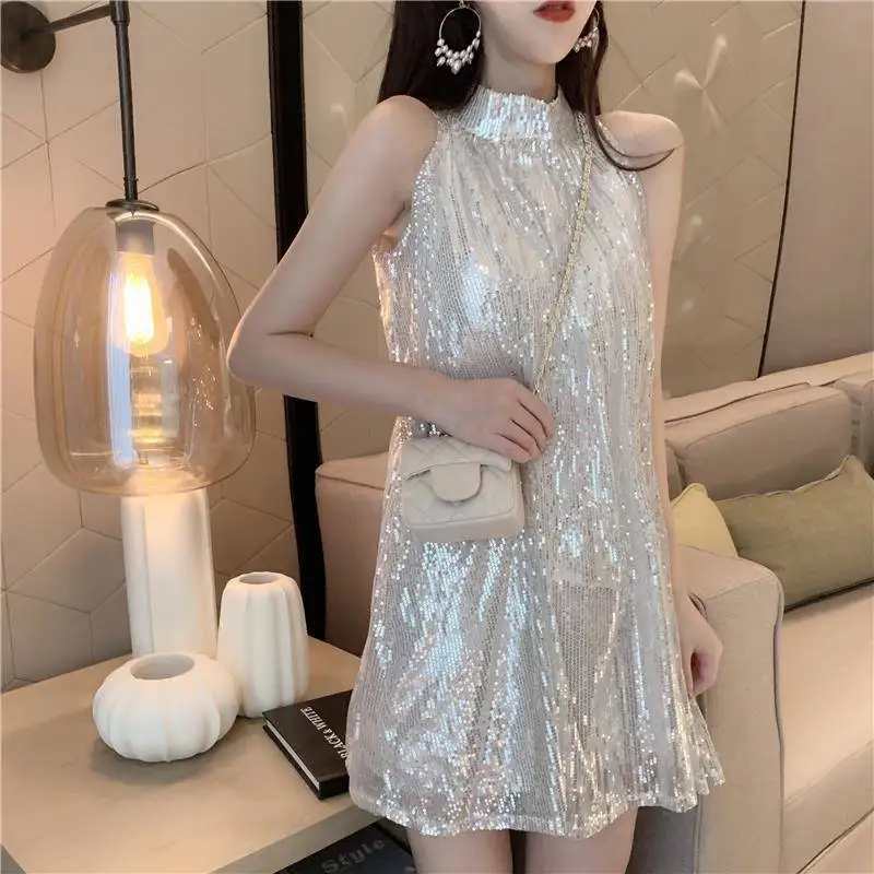 

2025 Women's Fashion Spring Summer Hot Selling Elegant Y2K Hot Girl Loose Slimming Sequined Sleeveless Vest Hanging Neck Dress