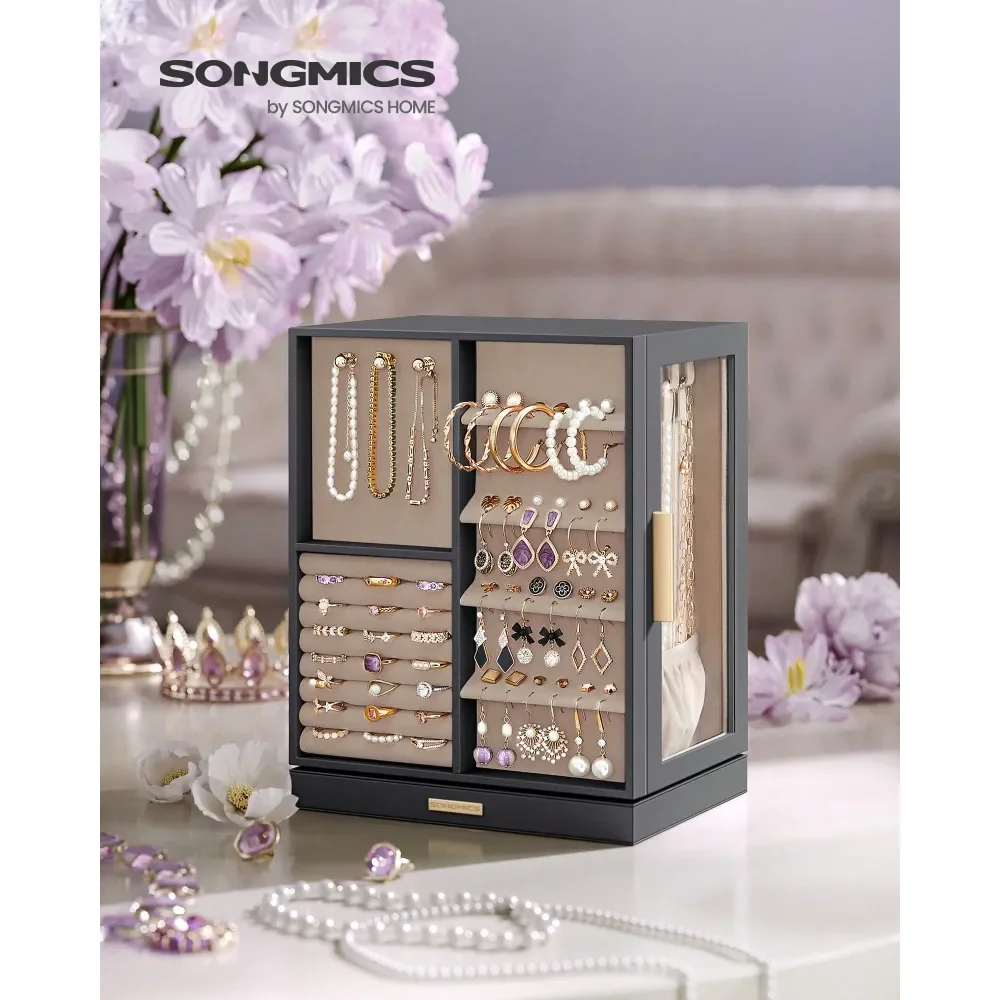 Jewelry Box 360 Rotating, Jewelry Storage Case With 5 Drawers, Jewelry Organizer, Glass Window, Spacious, Vertical Jewelry Stora