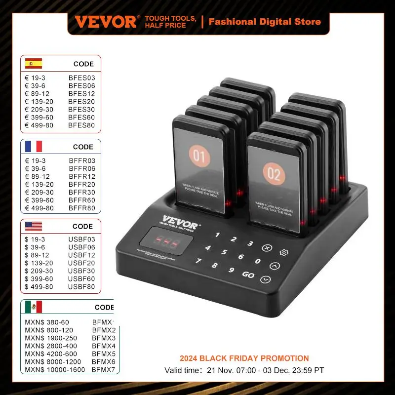 VEVOR Restaurant Pager System Wireless 400m Long Range Lineup Waiting Queue Signal Guest Customer Calling Beepers 10 Buzzers