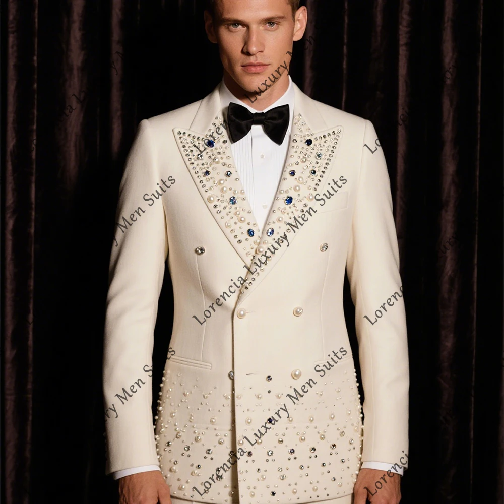 

Elegant Jewelry Men Suits 2 Pieces Peaked Label Groom Tuxedos Banquet Party Outfits Customized Blazer Pants trajes para hombre