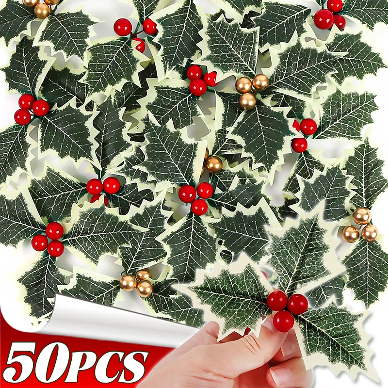 10-50Pcs Artificial Holly Berries with Leaves for Christmas DIY Wreath Wedding Fake Flowers Xmas Tree Red Berry Home Decoration