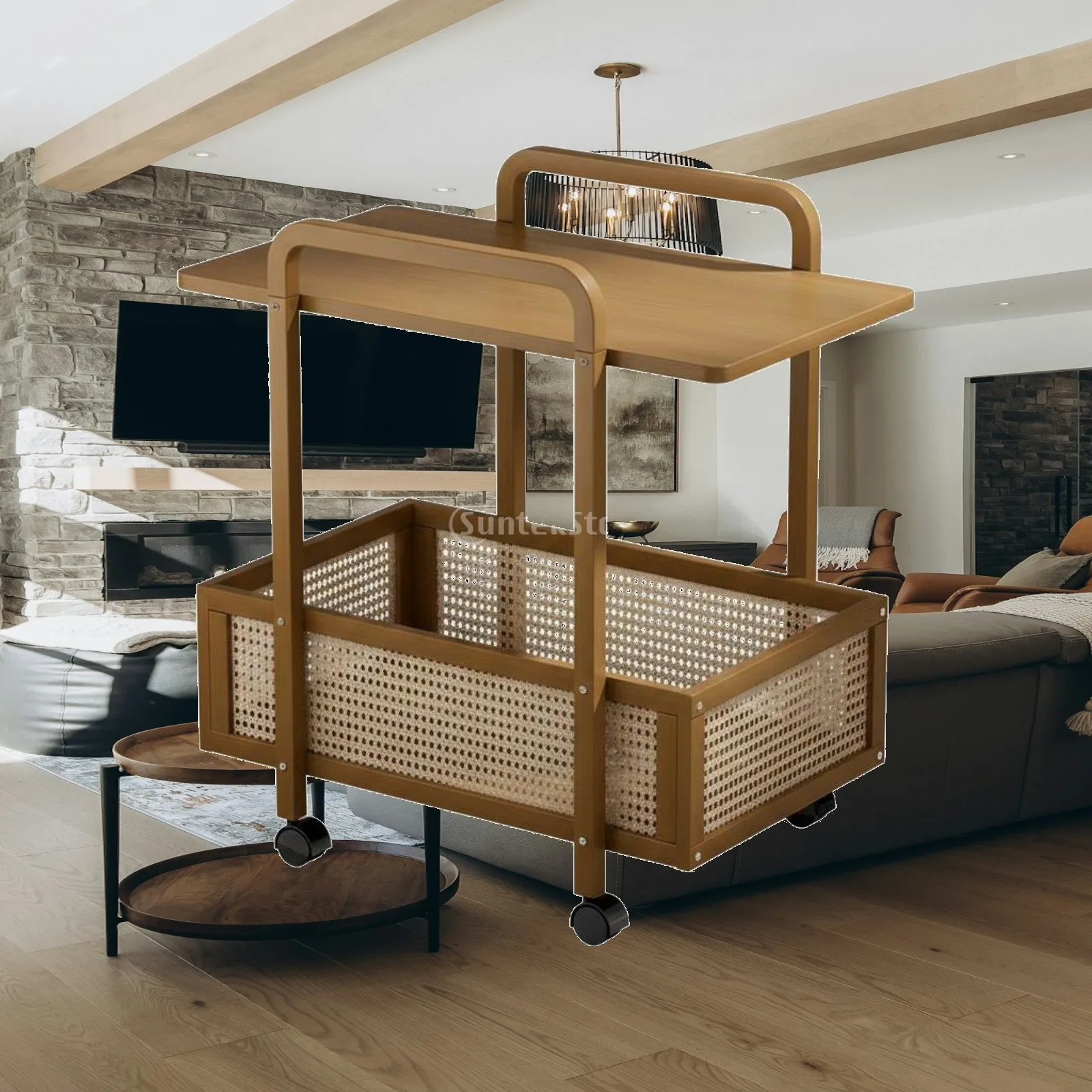 Bamboo Mobile Side Cabinet 2 Tier Storage Cart on Wheels for Sofa Bedroom Living Room Retro Style