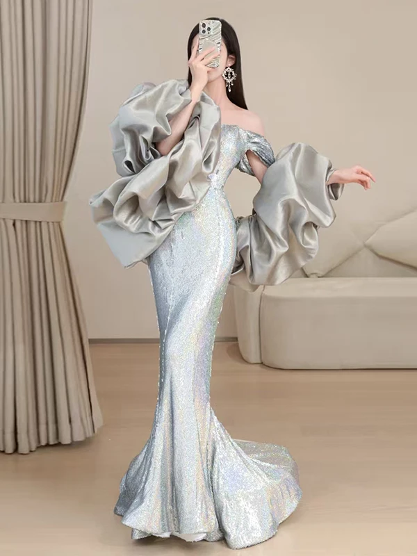 

Серебристо-серое вечернее платье-русалка для помолвки и торжеств, новинка 2026 года, бальное платье без бретелек для ведущей, на день рождения