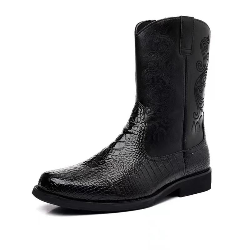 Embroidery Men's Boots Retro Cowboy Boots New PU Leather Western Boots British Style Work Riding Boot Zipper Mid-Calf Boot 2026 view 6