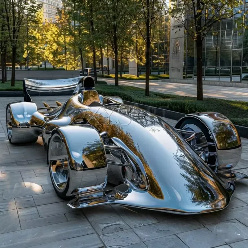 Custom-made, Life-size Stainless Steel Mirror 3D Motorcycle and Car Sculptures, Musical Outdoor Fashion Ornaments.
