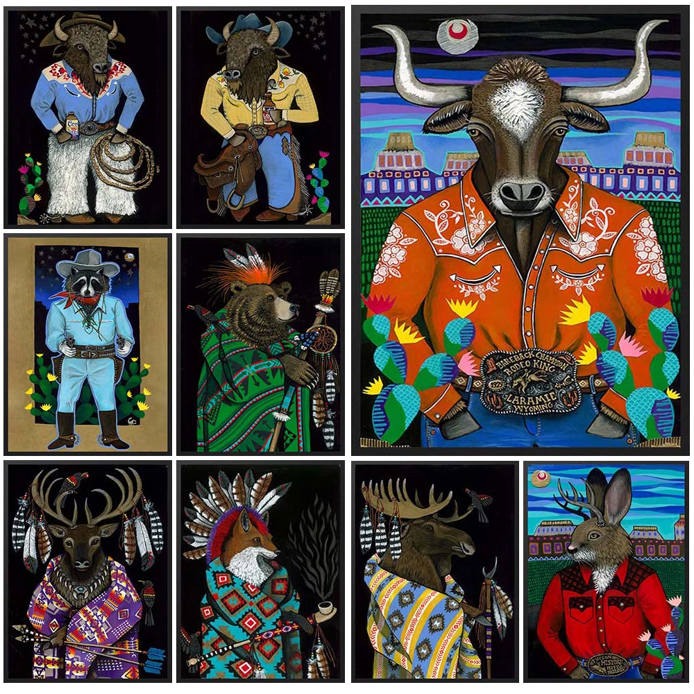 

Funny Cattle Portrait Cowboy Raccoon Fox Cartoon Poster Wall Pictures For Living Room Decor Wall Art Canvas Painting Unframed