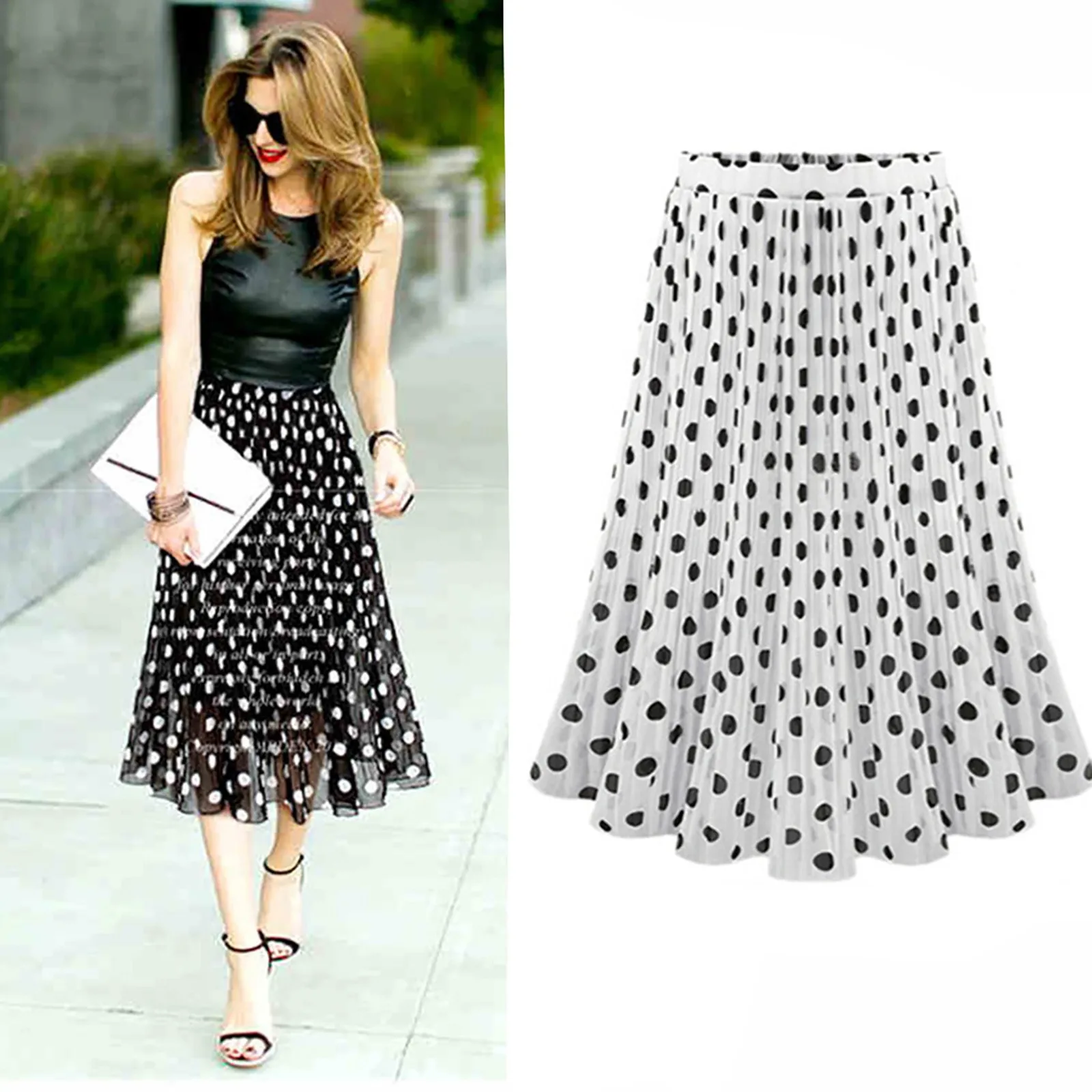 

Women's Fashion Vintage Polka Dot Printed Mid Length Skirt High Waist Pleated Skirt Casual Flared Versatile Half Body Skirt