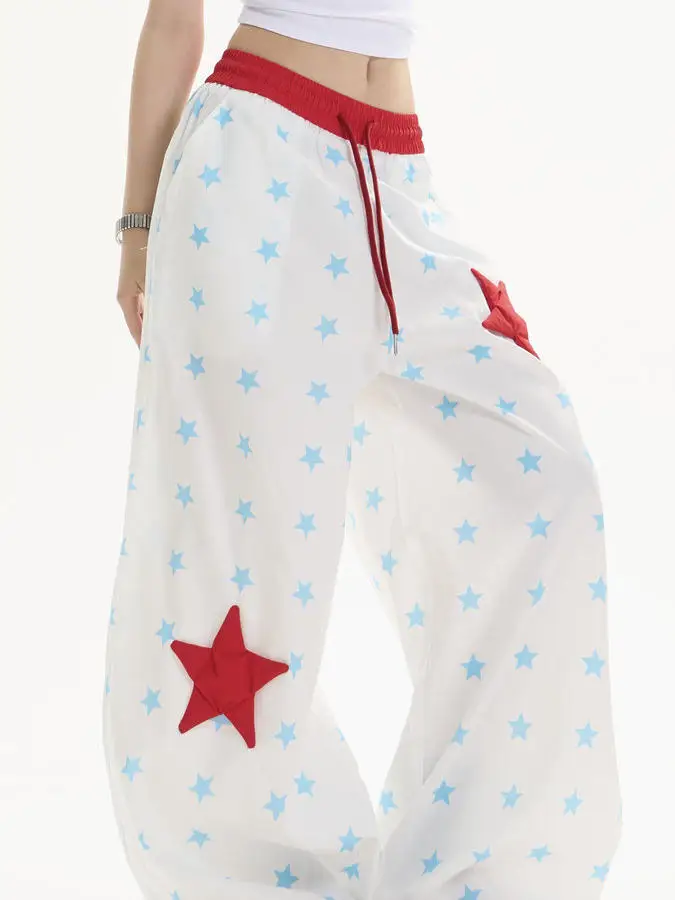 Calças Casuais Americanas Retrô com Blocos de Cores e Estrelas, Jeans de Perna Larga Soltos para Homens e Mulheres, Estilo Ur...