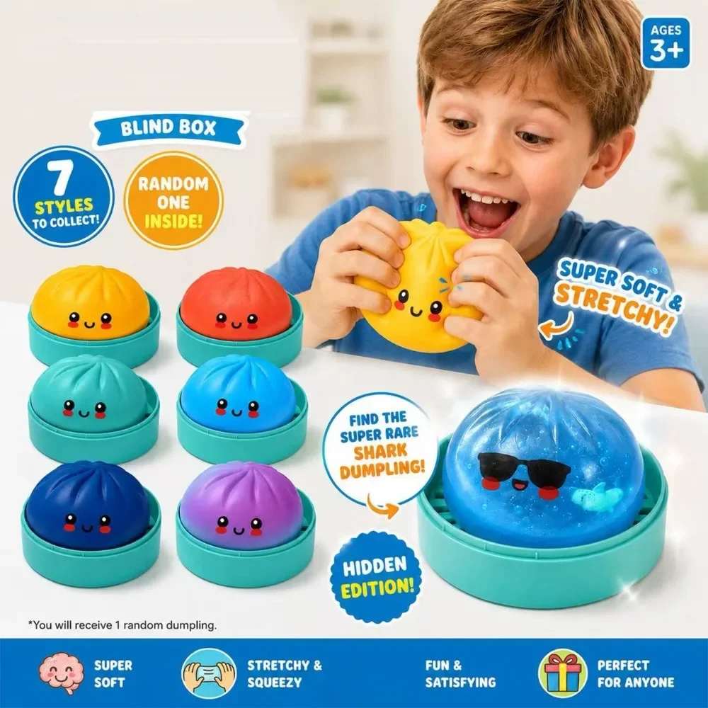 Glitzer-Hai-Dumplings: Weiches, langsam rückfederndes Mini-Brötchen-Fidget-Spielzeug mit Dampfgarer – zum Kneifen und Spielen – Detail 13