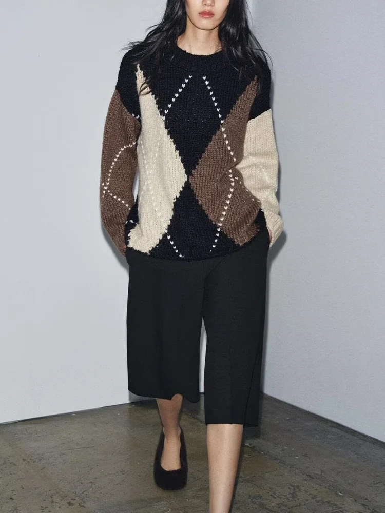 

European and American style autumn and winter new women's fashion loose diamond pattern long-sleeved knitted sweater