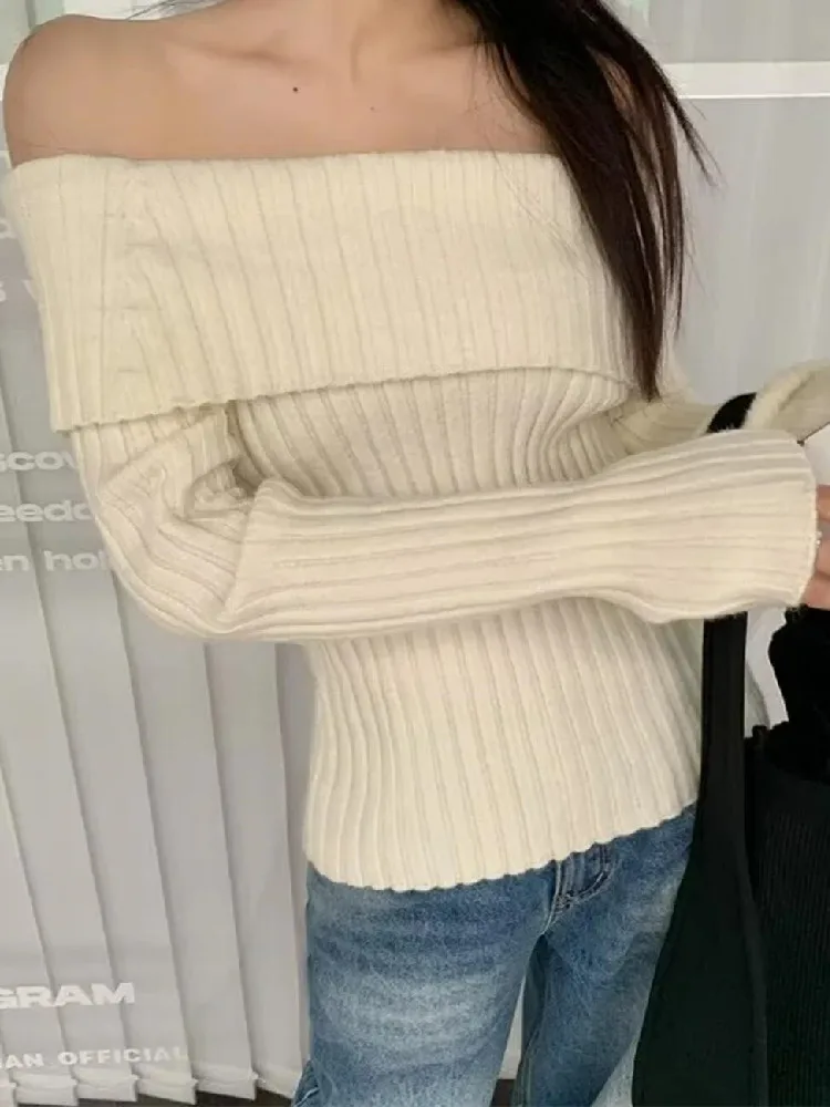 2022 Sexy Women Full Sleeve Slim Stretch Knitwear Jumper Autumn Winter Solid Color Rib Knitted Off the Shoulder Pullover Sweater