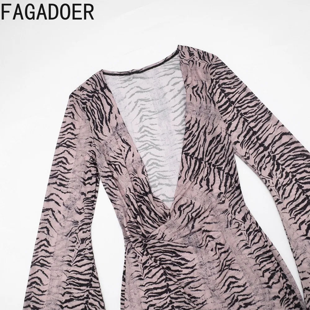 FAGADOER Y2K Retro Tiger Striped Mini Dress Two Piece Sets Sexy Ruched Deep V  Flare Long Sleeve Bodycon Dress + Crop Top Suits view 5