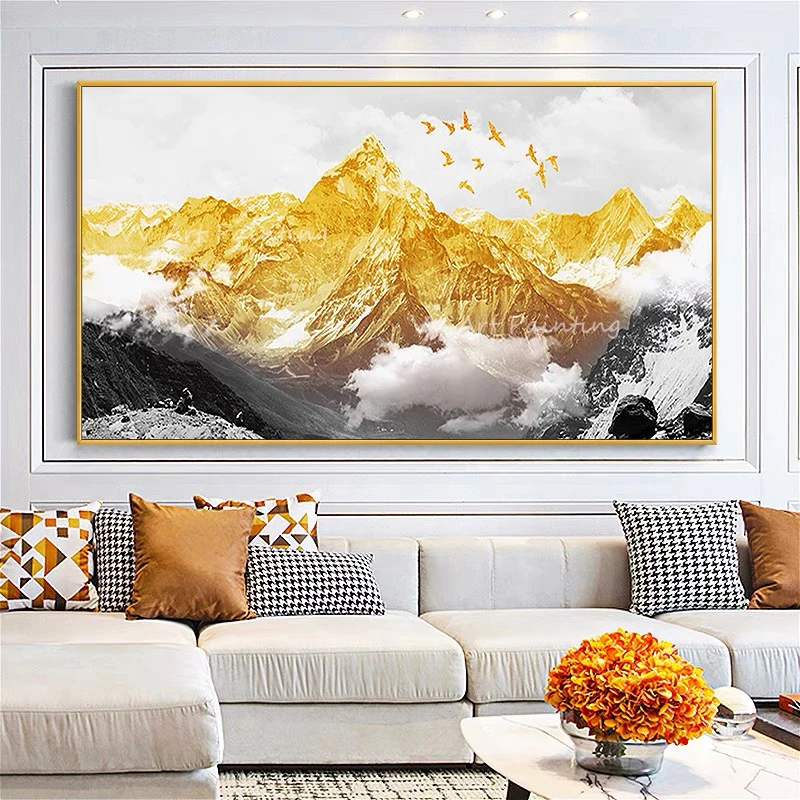 

New Design handmade gold foil mountain large size picture white cloud Oil Painting On Canvas Large Size Decoration gift