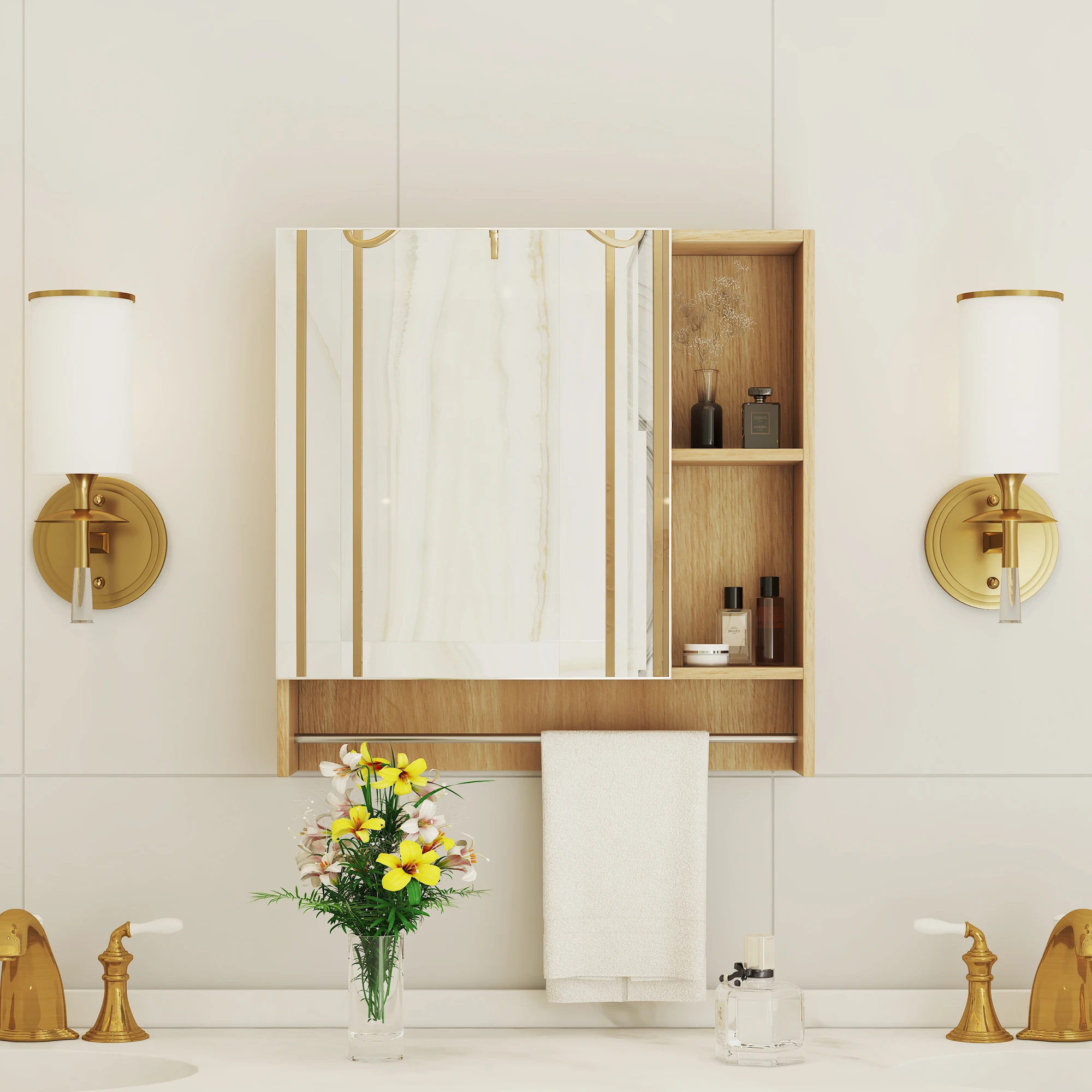 

Bathroom Wall Cabinet, Medicine Cabinet with Open Partition and Towel Bar, Over The Toilet Storage Cabinet