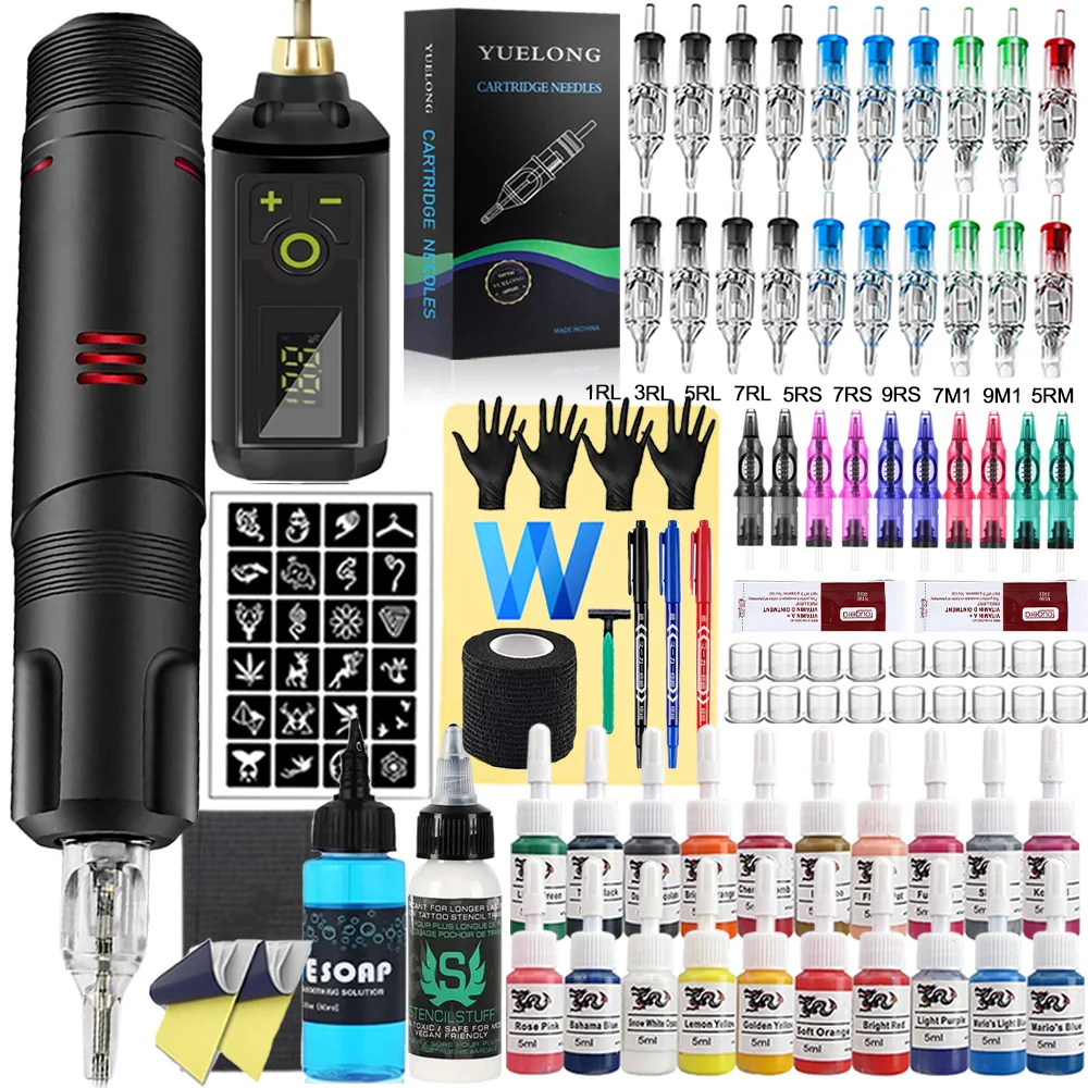 

Wireless Tattoo Pen Machine Kit Rotary Tattoo Machine 1200mAh Mini Battery Cartridge Needles Ink Set Permanent Makeup Tattoo Kit