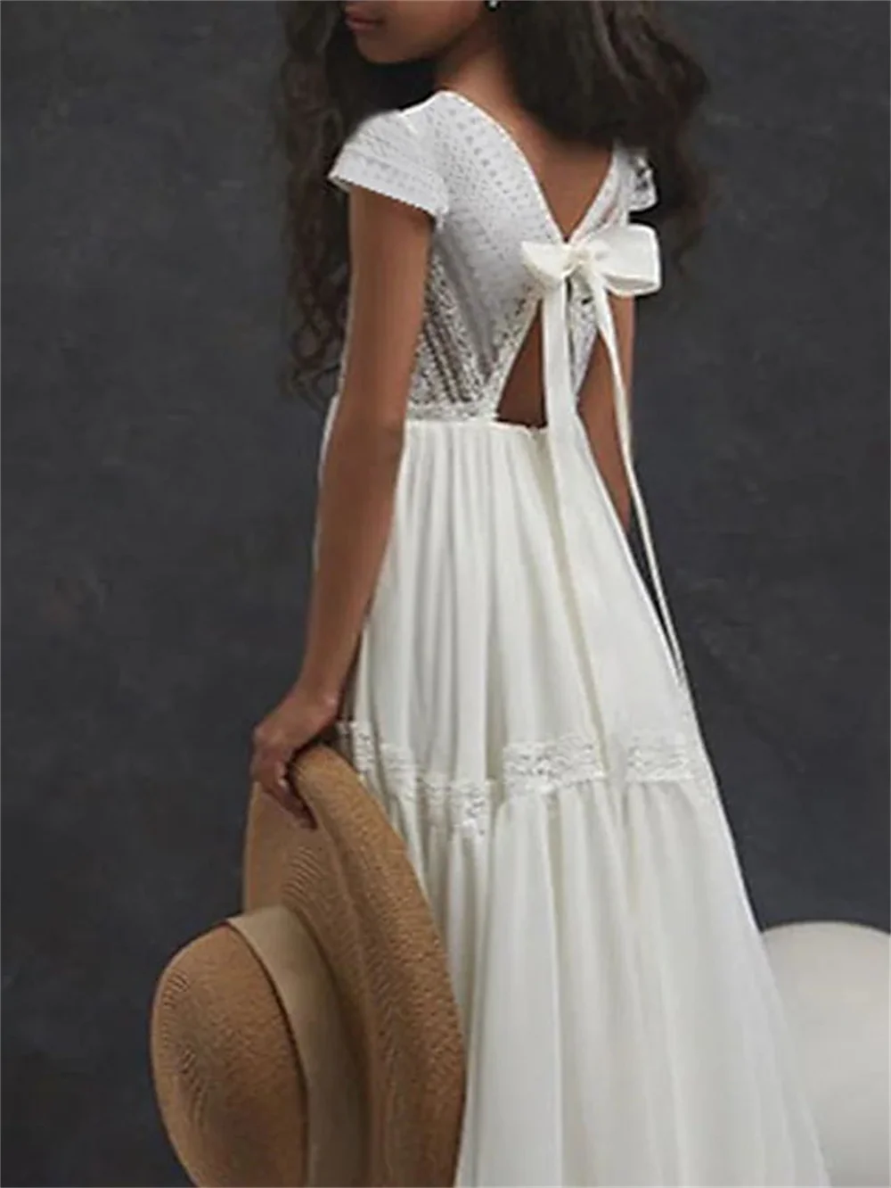 Vestido de boda blanco bohemio para niña, vestido de encaje de manga corta con lazo en la espalda, traje de fiesta, línea A, vestido de princesa para fiesta de graduación, tren con pincel