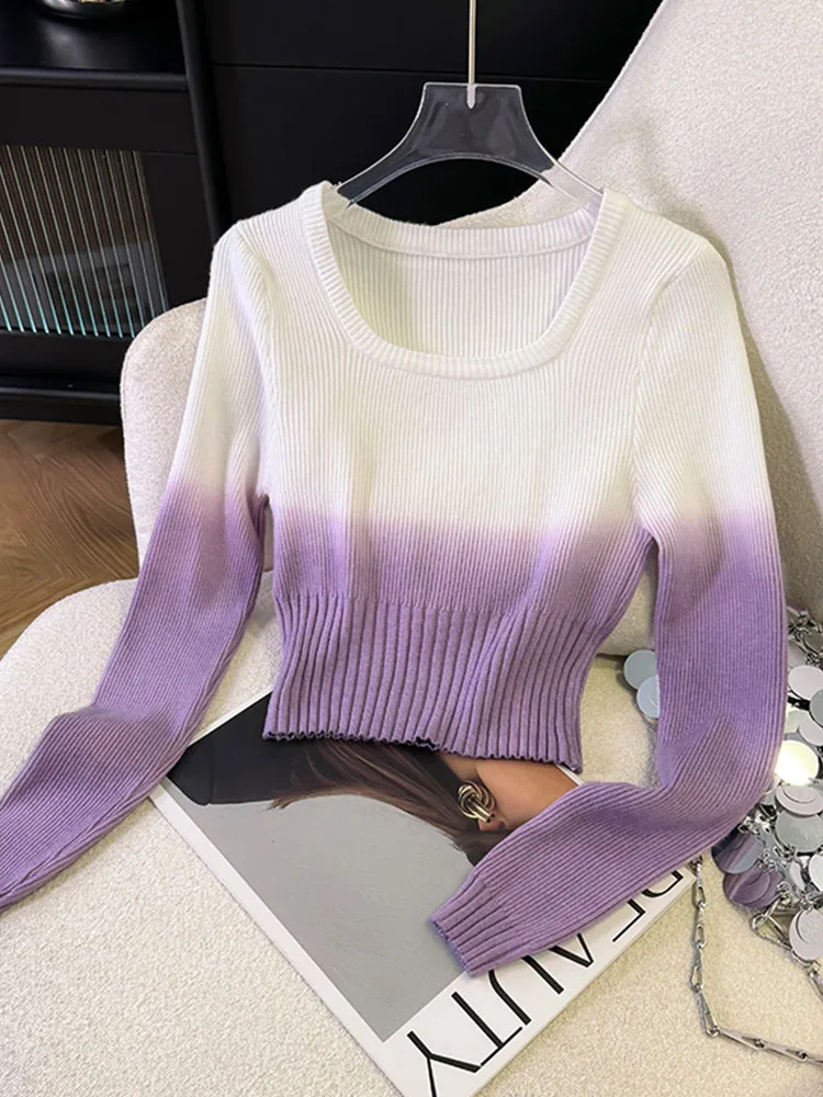 Harajuku Jacquard Knitted Pullovers Women Square Collar Long Sleeve Sweater Autumn Winter Korean Gradient Color Jumper Oversized