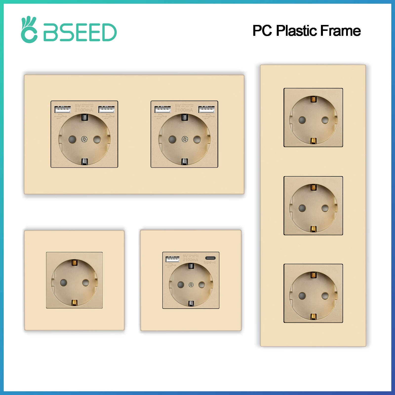 BSEED EU Single Wall Sockets Double 5V 2.1A USB Socket Phone Charge Triple Power Plugs With Plastic Panel Four Frame Outlets