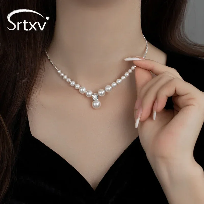 100% S925 Sterling Silver Gradient Pearl Pendants Necklace For Women Classic Choker Chain Wedding Birthday Party Gifts Jewelry