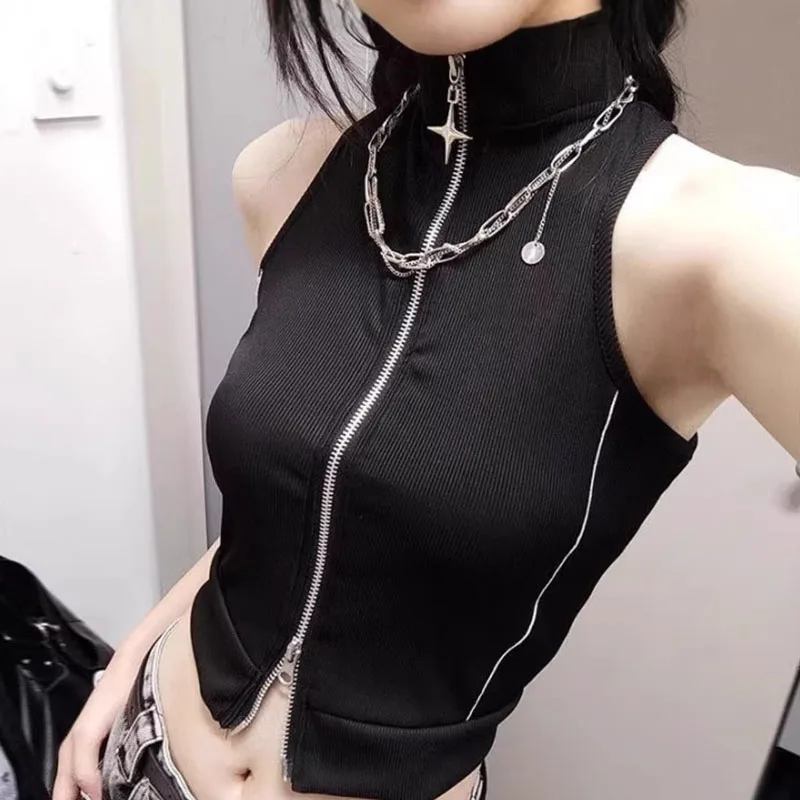 Chaleco corto sin mangas con cuello alto y cremallera, estilo americano retro de primavera y verano, líneas oscuras estilo Spice Girl, corte ajustado.