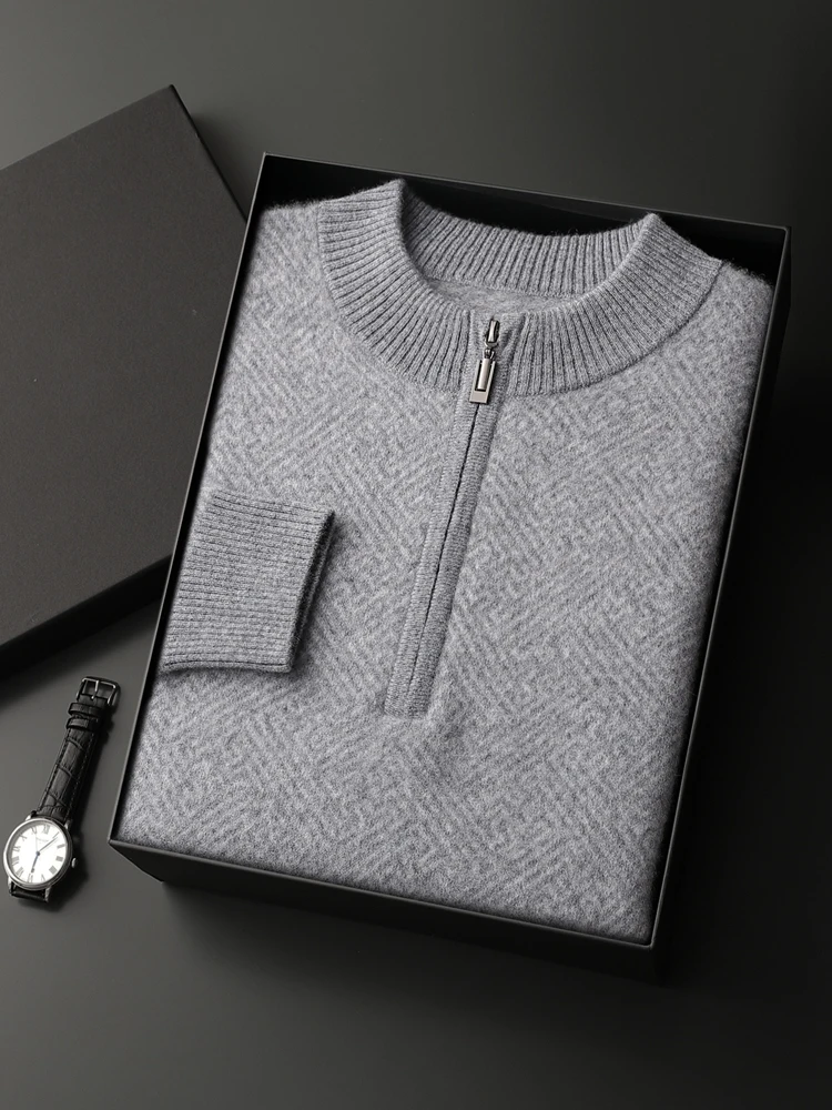 High-end Men Mock Neck Cashmere Sweater Half Zipper Long Sleeve Pullover Autumn Winter Thick Smart Casual 100% Cashmere Knitwear