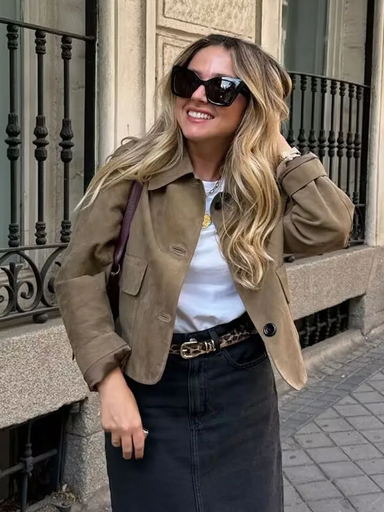 

HH женская однобортная уличная повседневная куртка с лацканами, осенняя новая модная винтажная однотонная замшевая куртка с карманами