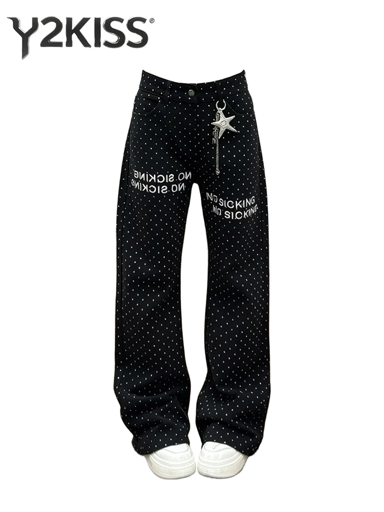 

Women's Straight Jean Polka Dot Black Denim Pants Y2K Japanese Harajuku 2000s Dark Academia High Street American Retro Tide New