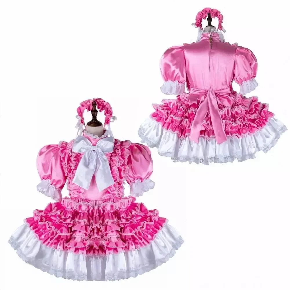 

Sissy Sexy Girl Pink Satin Lockable Dress Maid Cosplay Outfit Carnival Set (Custom Various Colors) Adult Customization