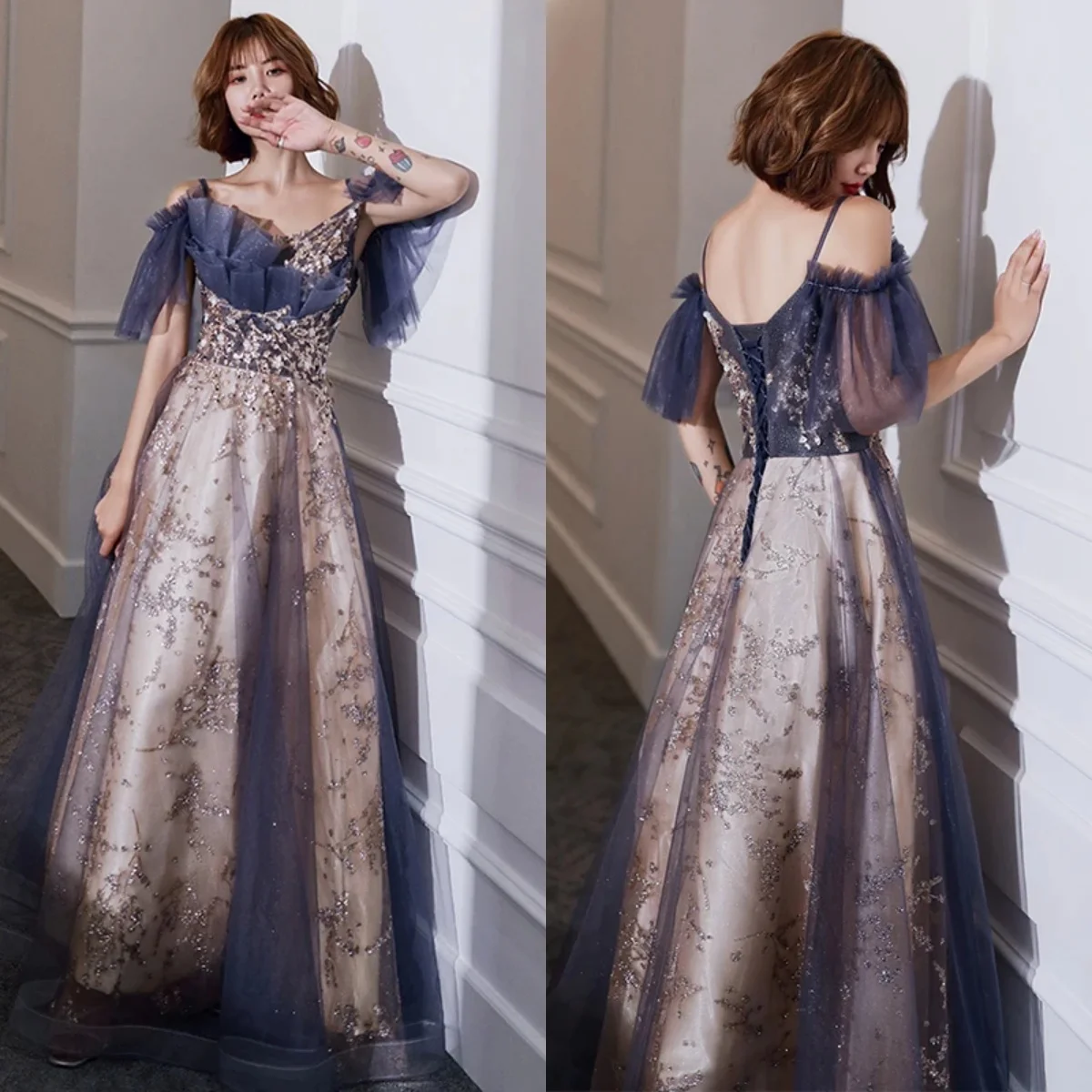 

Evening Dresses Purple Tulle Golden Glitters Spaghetti Strap Ruched A-Line Floor-Length Plus Size Woman Formal Party Gowns A404