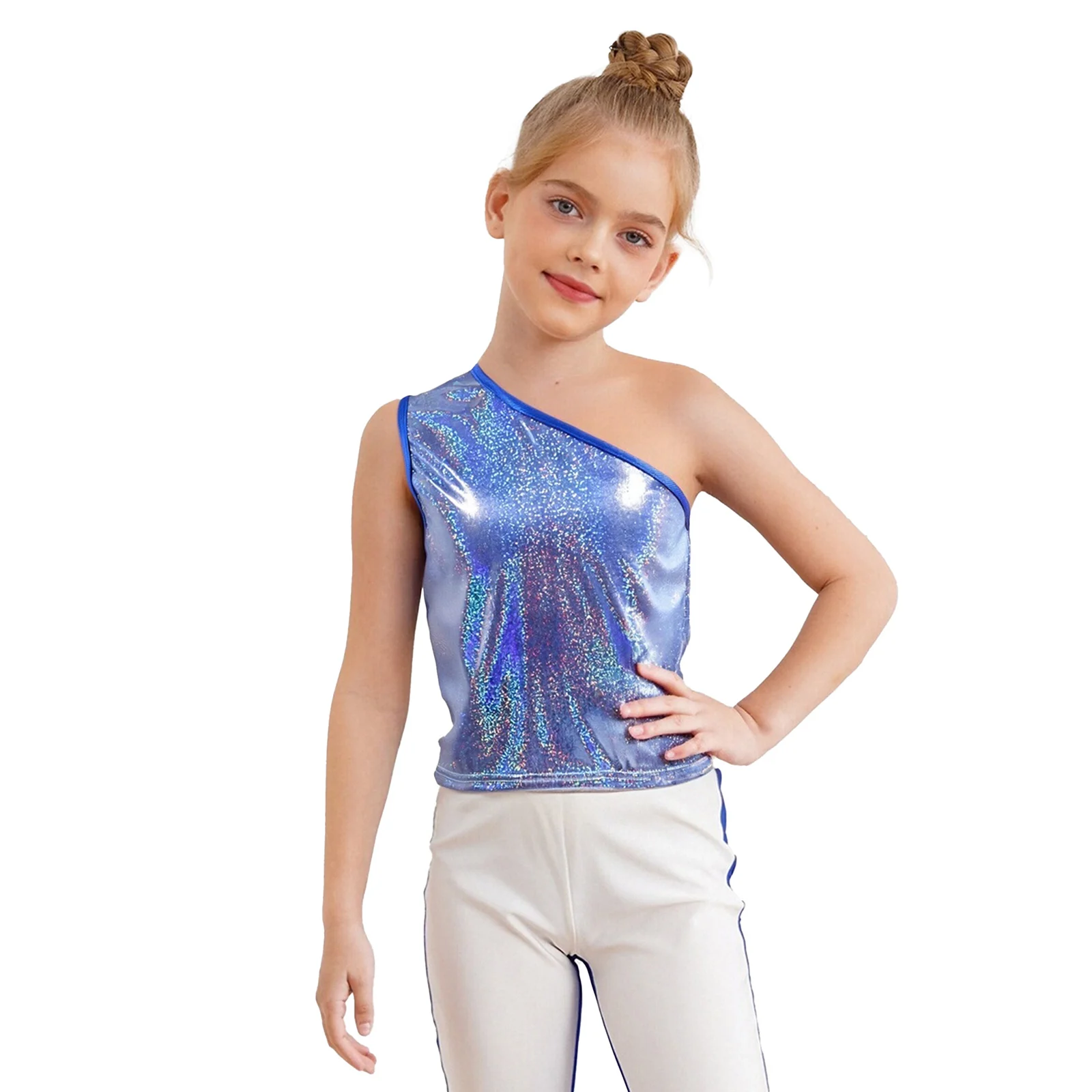 

Kids Girls Dance Top Glossy Metallic Dots Vest One Shoulder Sleeveless Tank Top Cheerleading Jazz Dance Performance Costume