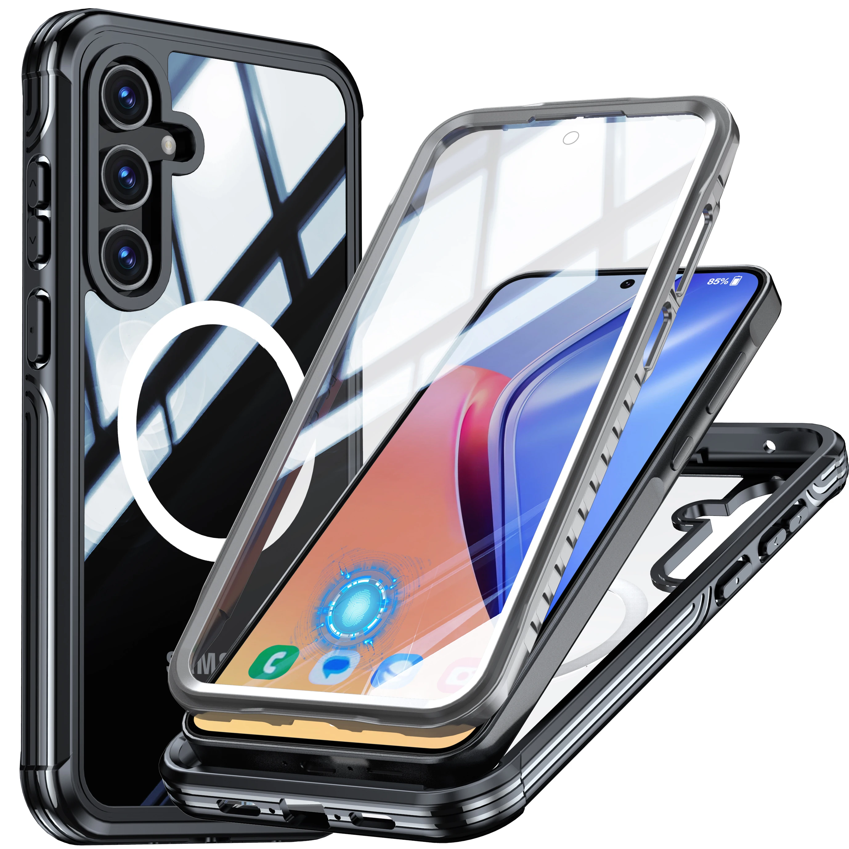 

Магнитная беспроводная зарядка, подходит для Gaiaxy A55-5G, прозрачный трехзащитный чехол для мобильного телефона, передний и задний экран, универсальный двусторонний защитный чехол от падения