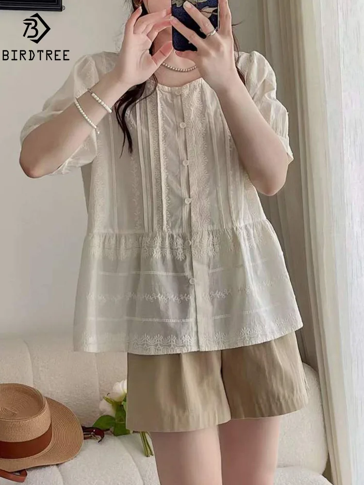 

New Spring Cotton Fashion Shirt Women Short Sleeve Embroidery Tops Girl Round Collar Sweet Casual Blouse 2024 Summer T44708QM