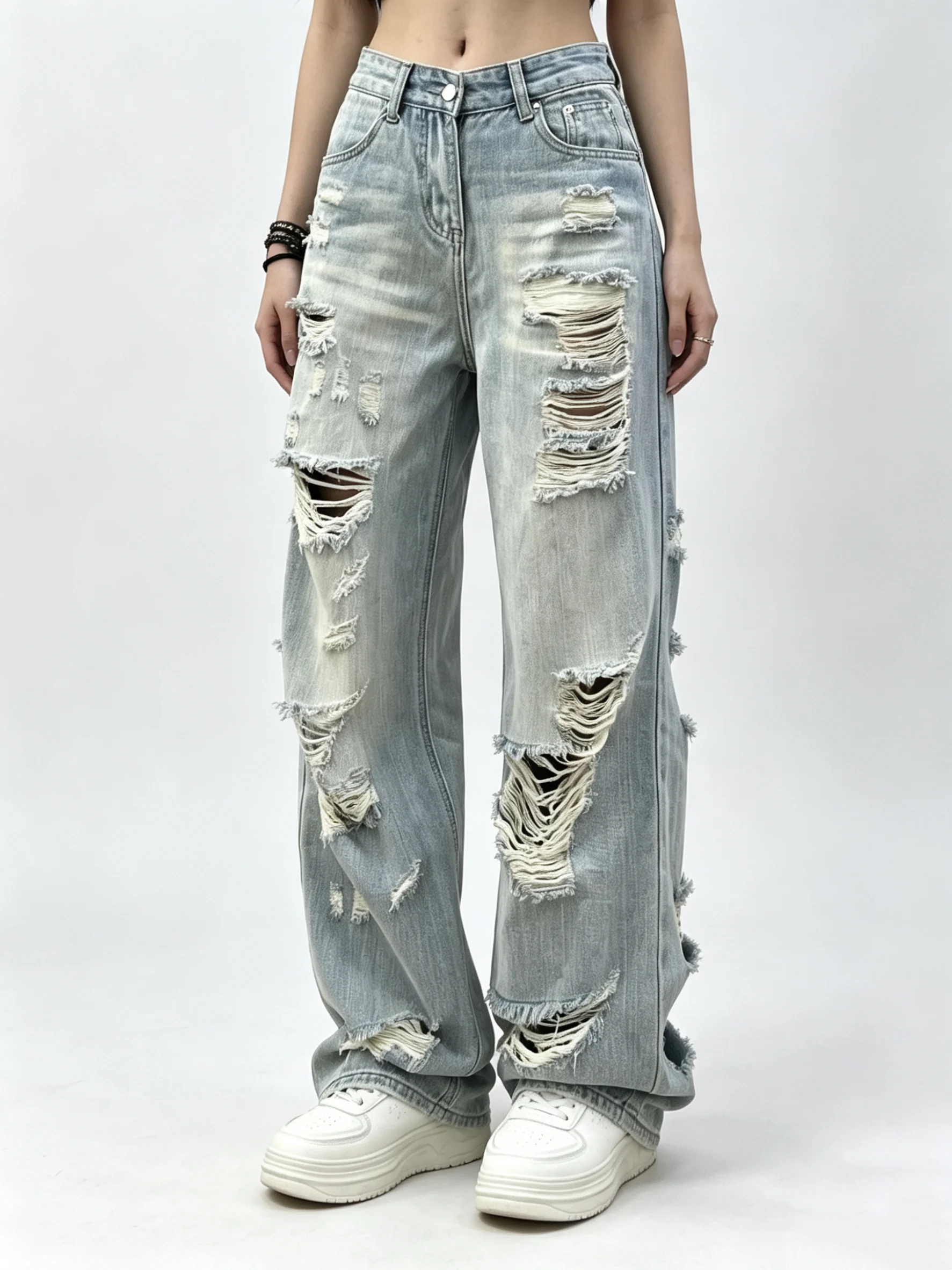 

Women's Blue Vintage Washed Ripped Jeans High Waist Denim Long Jean Pants Harajuku Hiphop Grunge Baggy Wide Leg Denim Trousers