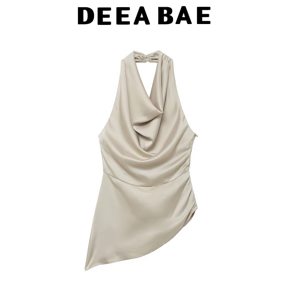 

DEEABAE Зимняя новая женская одежда во французском стиле с открытой спиной, асимметричный шелковый атласный топ с подвесным воротником на шее