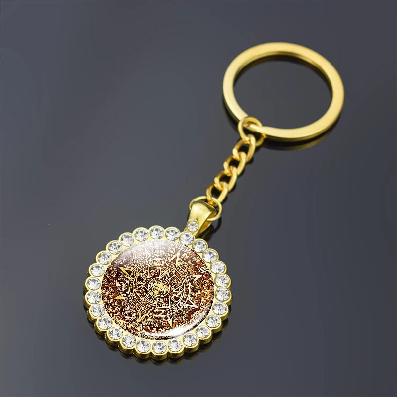 Aztec Calendar Mexico Art Glass Rhinestone Keychain Ancient Mayan Pendant Key Chain Gift