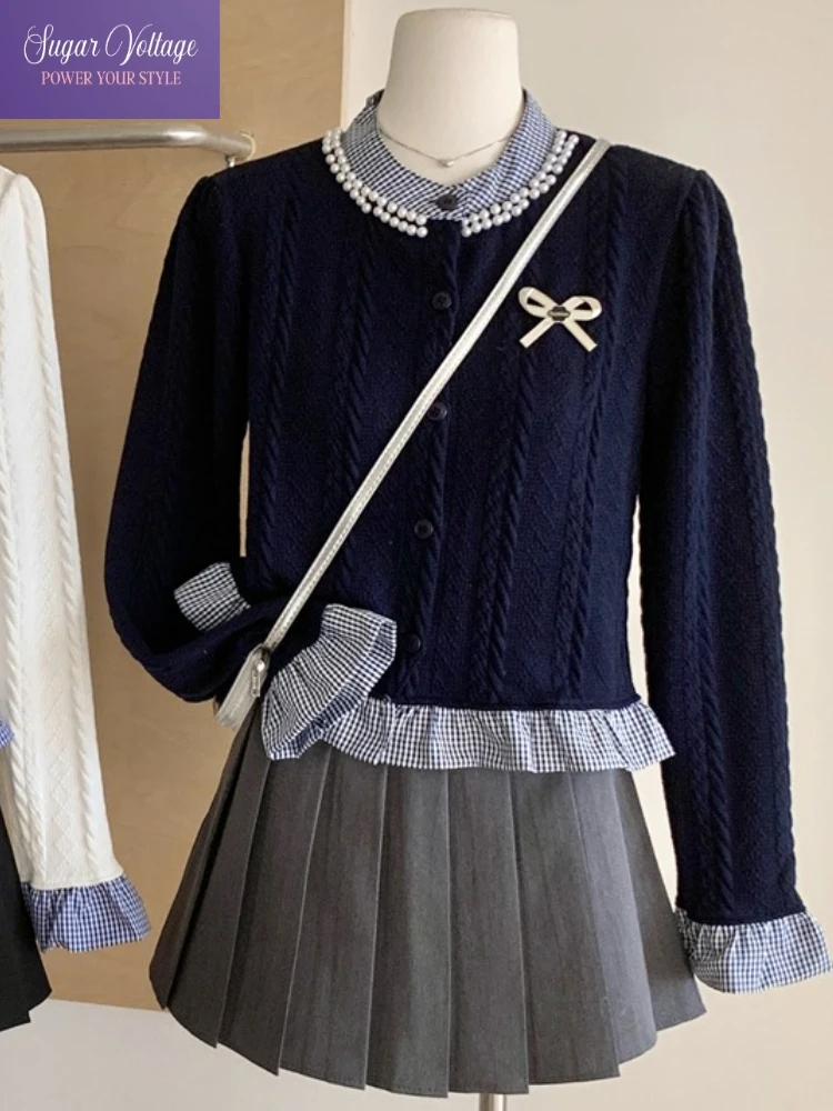 الحلو Preppy أعلى المرأة الخريف الشتاء القوس وهمية قطعتين اللون كتلة متماسكة سترة التلبيب زر تصميم الرجعية شيك أنيق الزي