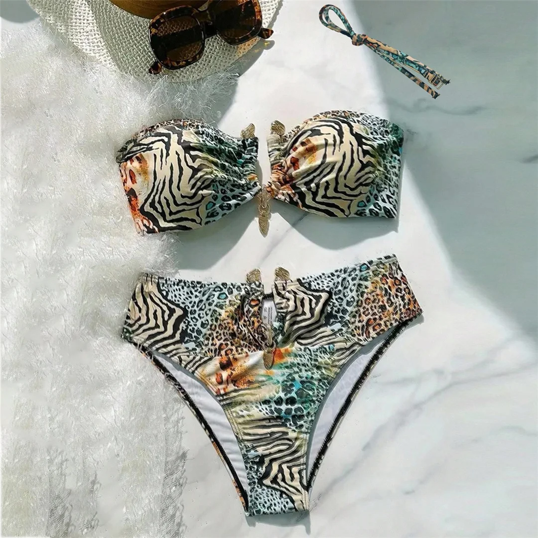 S - XL Sexy Leopardenmuster Bandeau-Bikini, Damen-Badeanzug, zweiteiliges Bikini-Set, Badebekleidung, Badeanzug, Schwimmkleidung V7541 – Detail 2