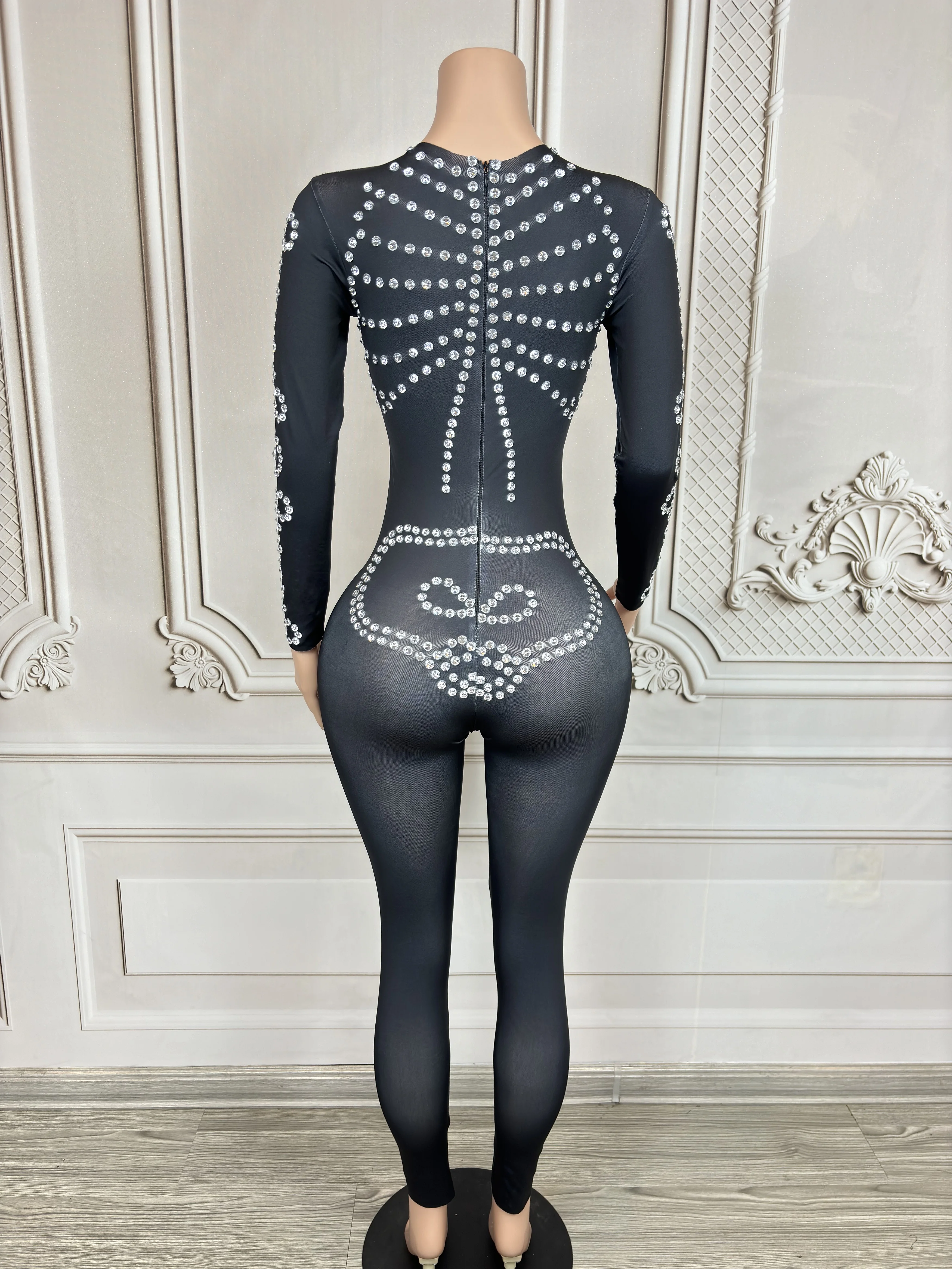 Fashion Halloween Skeleton Outfit Sparkle Rhinestone Bodysuit Fashion Party Club Jumpsuit Lady Stage Dance Performance Clothing