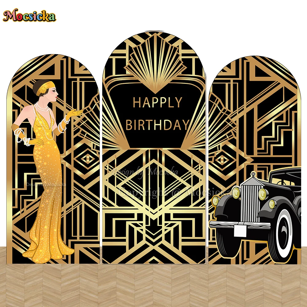 Fondo de arco dorado del gran Gatsby, mujer adulta, niña, fondo de fiesta de feliz cumpleaños, decoración Retro para coche, cabinas de fotos personalizadas de 2 caras