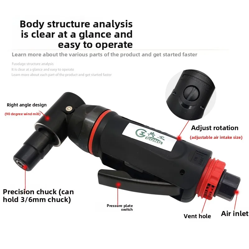 Gongkong 90/120 Degree Elbow Angle Grinder with Handle, Polishing Machine, Right-Angle Pneumatic Engraving Machine
